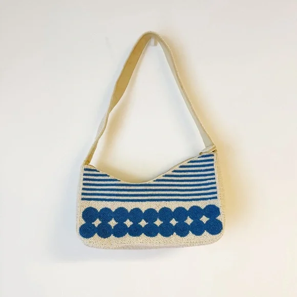ANTHROPOLOGIE Asymmetric Beaded Shoulder Bag Blue & White Polka Dot - Picture 3 of 7
